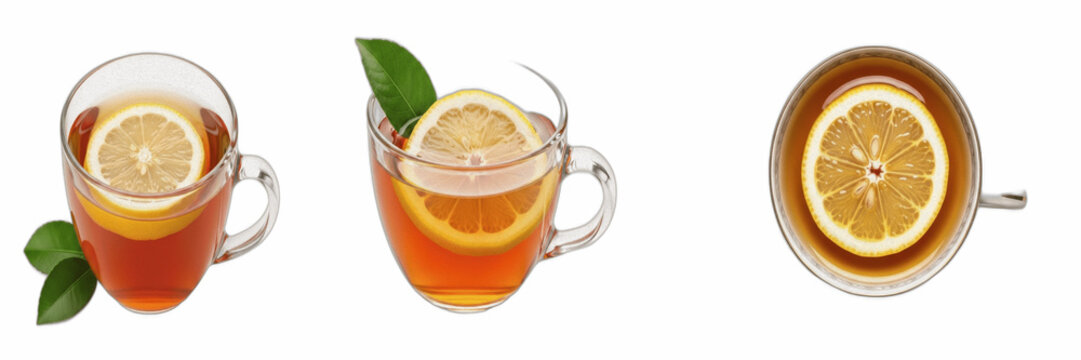 Set of Cups with Fresh Black Tea and Lemon Slices Isolated on White Background. Top and Side Views of Hot Tea Beverages with Green Leaves. Healthy Refreshing Drinks for Cafe Menus, Food Blogs, and Cul