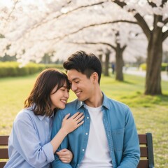 Fototapeta premium 森林公園でベンチに座り寄り添う若い男女のカップル