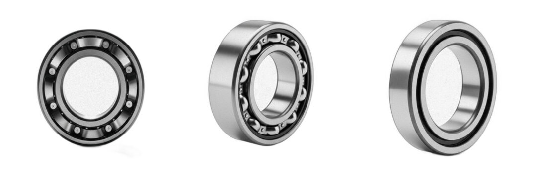 Set of Industrial Ball Bearings Isolated on White Background. Precision Steel Mechanical Parts for Automotive, Machinery, and Engineering Applications. High-Quality Metallic Rolling Bearings for Smoot