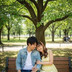Fototapeta premium 森林公園でベンチに座り寄り添う若い男女のカップル