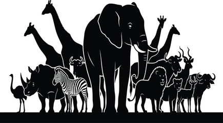 African safari animal group silhouettes, elephant, giraffe, lion, rhino, zebra, black vector illustration, wild nature graphic, eps10 white background design. © Mst jesmin