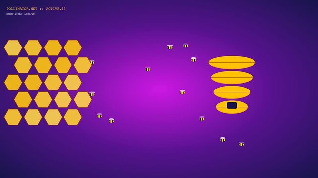 Small community garden harvest animation featuring industrious honey bees navigating hexagonal hive grid patterns toward a golden central storage structure in this digital creative motion design