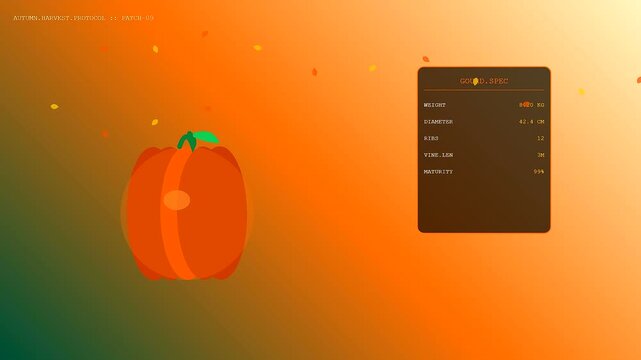 A community garden harvest monitor shows a growing orange vegetable with specific statistics displayed on a dark panel screen during a fall season afternoon simulation