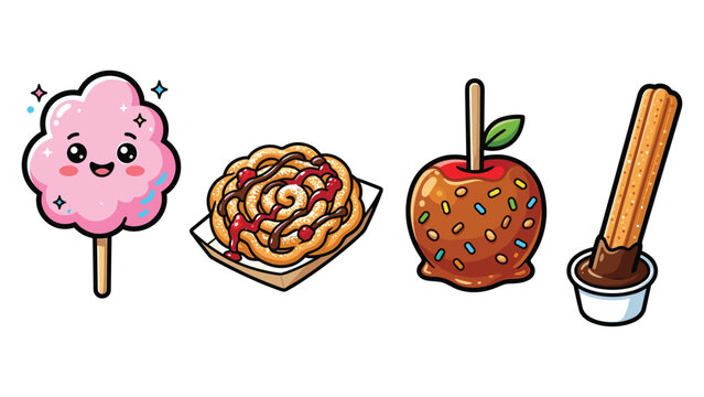 Sweet fair food collection featuring cotton candy funnel cake candy apple and churros.