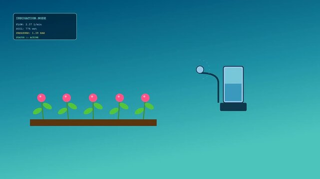 Community garden harvest shown in a digital dashboard interface showing plant growth stages alongside water level fluctuation metrics in a minimal flat graphic user experience design