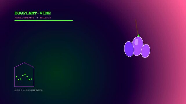 Community garden harvest animations showcase purple fruits hanging from a stem with dotted light patterns displayed on a dark gradient interface for digital agricultural data analysis