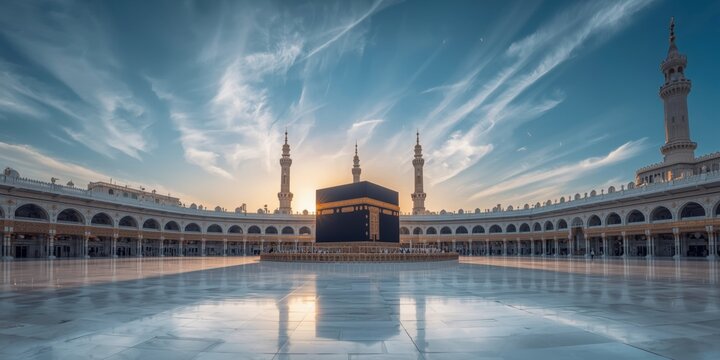 The holy kaaba in mecca surrounded by grand mosque architecture under a blue sky at golden hour