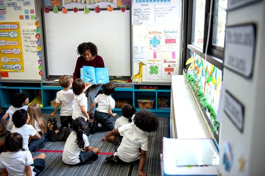 Teacher reading to attentive children.
