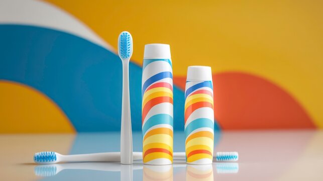 Bright and colorful dental care set featuring a toothpaste tube and two toothbrushes, ideal for children and adults.