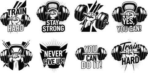 Obraz premium Black and white gym motivational quotes with dumbbells and barbells