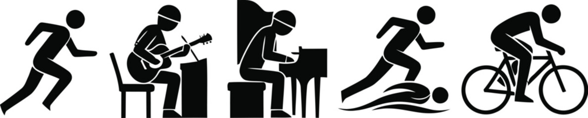 Black silhouettes of people running, playing guitar, piano, swimming and cycling © Mst. Taslima Akhter