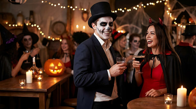 Happy couple in halloween costumes at a party, man with skull makeup and top hat, woman dressed as a devil, holding drinks and laughing