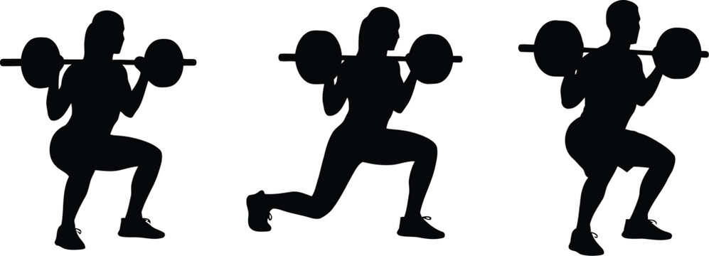 Black silhouette of woman doing squats and lunges with barbell