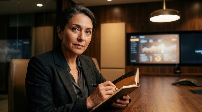 Confident Professional Woman Dictating Notes In Modern Meeting Room