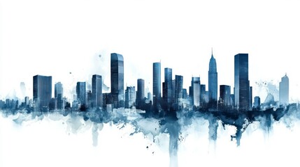 Fototapeta premium Blue skyline silhouette showcasing modern city architecture against white background.