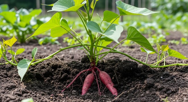 Sweet Potato Plant with Exposed Roots Growing in Rich Garden Soil on a Sunny Day.