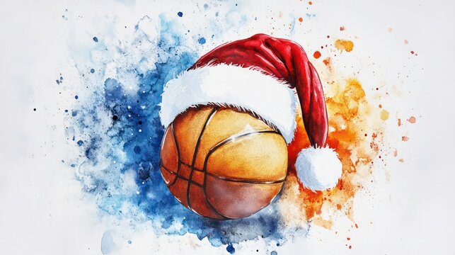 Basketball with a Winter Santa Hat Watercolor Illustration, representing the joy of basketball during the holiday season, a fun and festive gift idea, a whimsical sports decoration, a unique winter ho