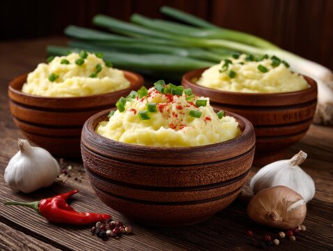 Three rustic wooden bowls filled with homemade mashed potatoes garnished with fresh chives and chili flakes on a dark wooden table with garlic and spices.