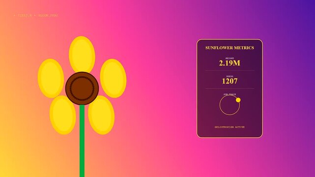 Community garden harvest analytics are visualized through a stylized yellow digital sunflower with fluctuating statistical metrics displayed on a modern interface during a vibrant color transition
