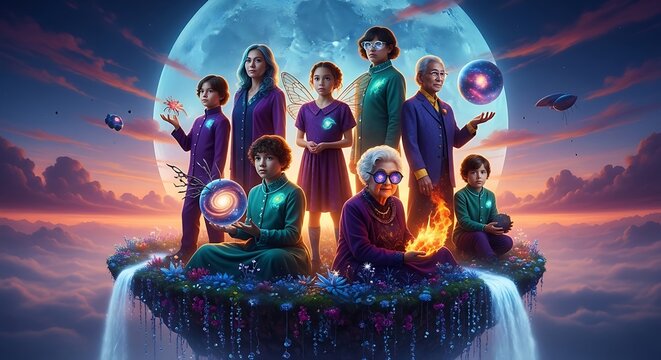 Family of diverse people with magical abilities on a floating island