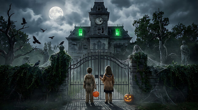 Two children in halloween costumes standing in front of a spooky, haunted mansion at night with a full moon, glowing green windows, and iron gates