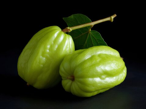 Two fresh whole chayote squash with green leaves isolated on black background.