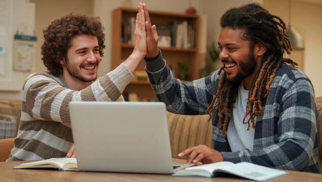 Two young men giving five while studying with laptop and open books at wooden table in bright interior