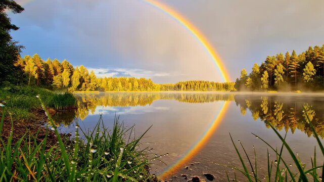 Video of rainbow after rain with water evaporation and dew on grass beside forest lake in warm sunlight