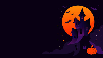 Fototapeta premium Spooky Haunted House Halloween Vector Background with Full Moon and Jack-O-Lantern Pumpkin for Festive Holiday Party Invitations and Greeting Cards