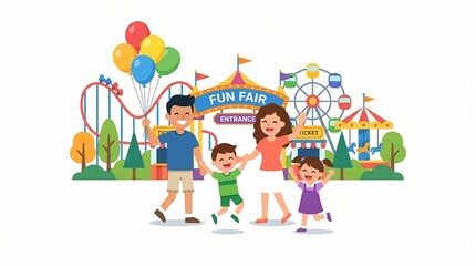Fototapeta premium Happy family enjoying a fun fair with rides and balloons on a sunny day illustration