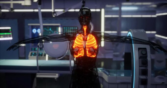 A detailed 3D representation of human lungs is showcased in a clinical space. The lungs are illuminated, displaying their structure prominently.
