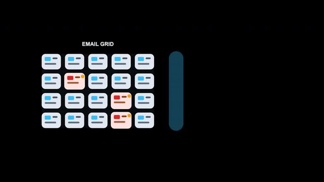 Email grid interface for notifications with blue, grey, and orange icons. Ideal for web design projects or techrelated materials.