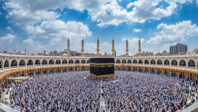View of the kaaba in mecca with many minarets and a dense crowd of pilgrims under a bright blue sky
