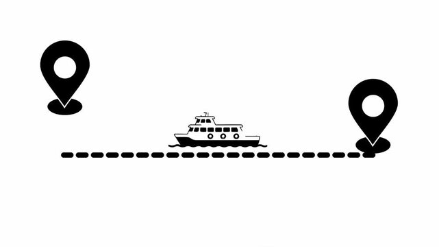 Ship moving between location map pins along a dashed path