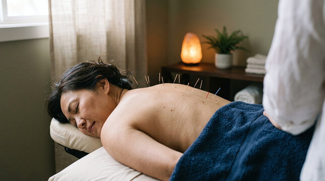 Woman receiving acupuncture treatment on back in wellness clinic