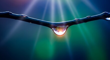 Fototapeta premium Close up of a water drop reflecting sunlight on a branch