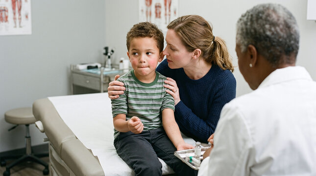 Mother comforting child during allergy test at doctor's office