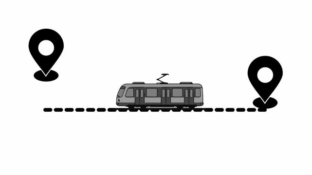 Modern tram traveling between location map pins on a white background