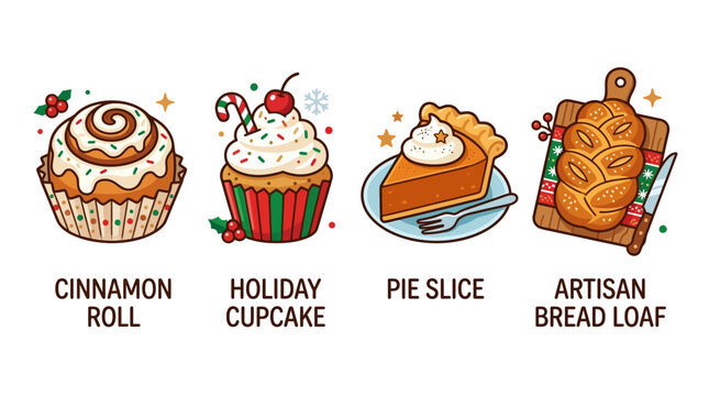 Delicious dessert assortment on table includes cinnamon roll holiday cupcake pie slice and artisan bread loaf