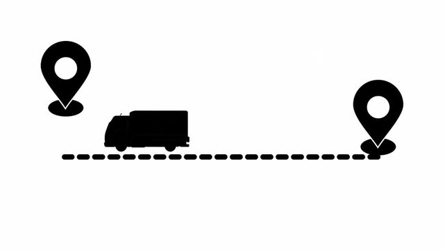 Delivery truck driving between location pin map markers