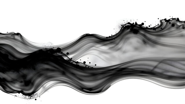 Luxury marble ink flow and smooth black smokey wave with splatters, isolated abstract liquid paint backdrop on transparent background