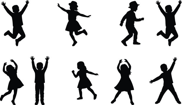 Energetic black silhouettes of children jumping, dancing, and raising arms in joyful lifestyle scenes highlighting posture, movement, fashion, and childhood play