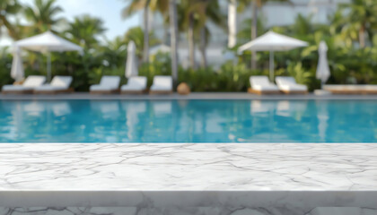 Fototapeta premium Empty marble table in front with blurred background of swimming pool (4)