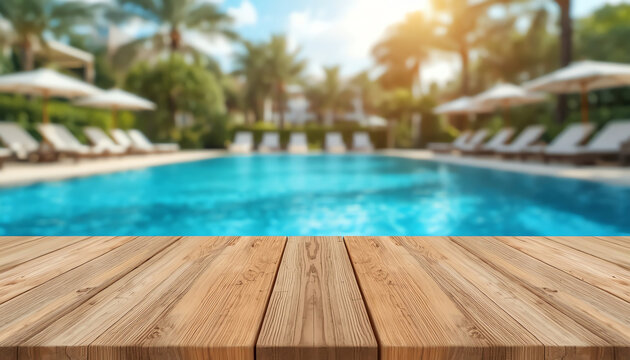 Empty wooden table in front with blurred background of swimming pool (1)