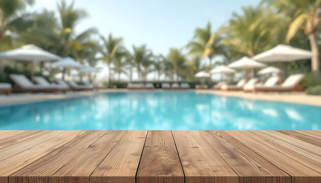 Empty wooden table in front with blurred background of swimming pool (1)