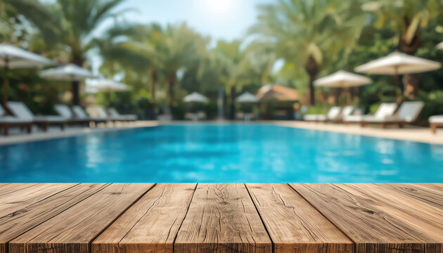 Empty wooden table in front with blurred background of swimming pool (1)