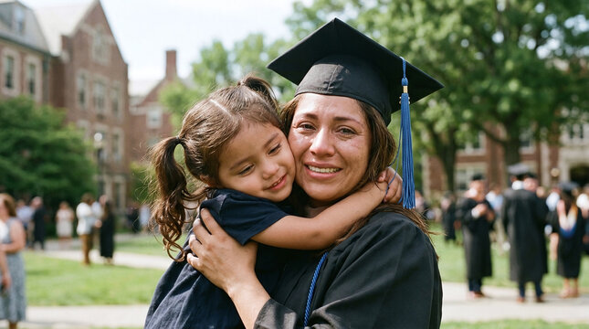 Single mother holding daughter at college graduation ceremony