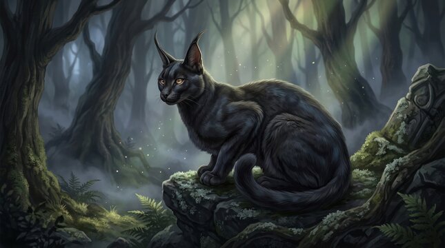 Mysterious black panther resting in a misty enchanted forest
