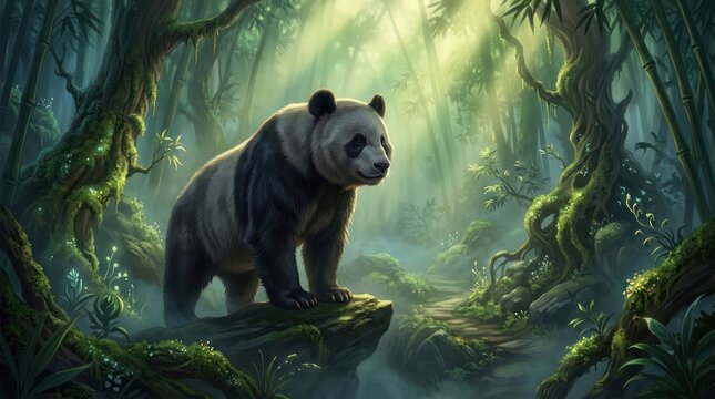 Mystical giant panda standing on mossy rock in enchanted forest with sunlight