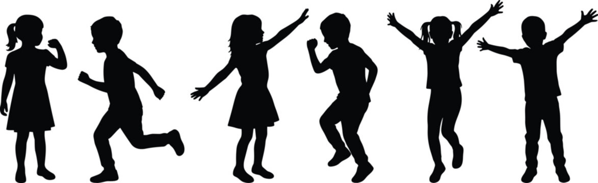Dynamic black silhouettes of children running, jumping, and raising arms in joyful lifestyle scenes highlighting posture, movement, fashion, and playful energy